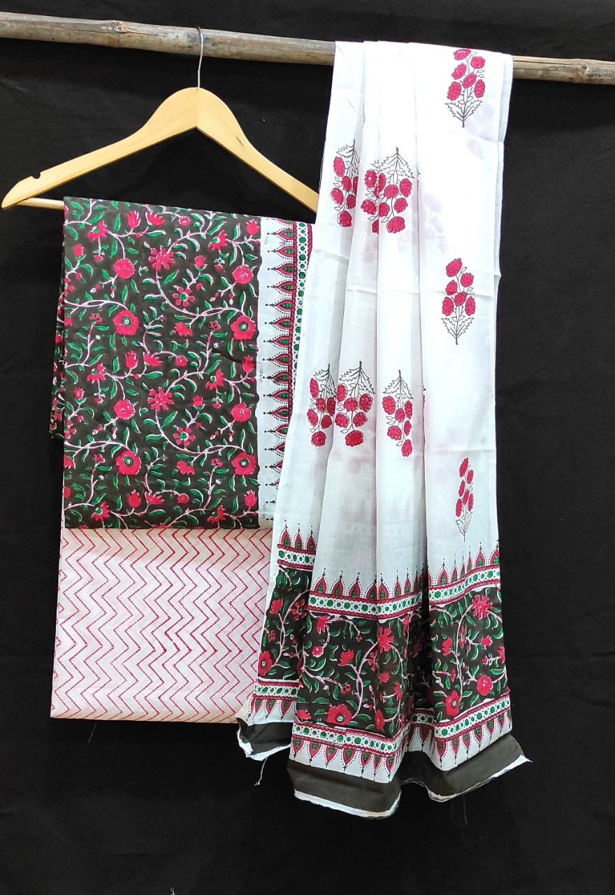 Hand Block Printed cotton suit material with cotton dupatta