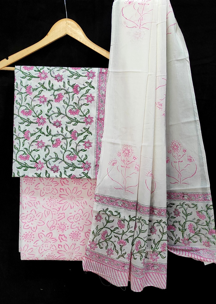 Hand Block Printed cotton suit material with cotton dupatta